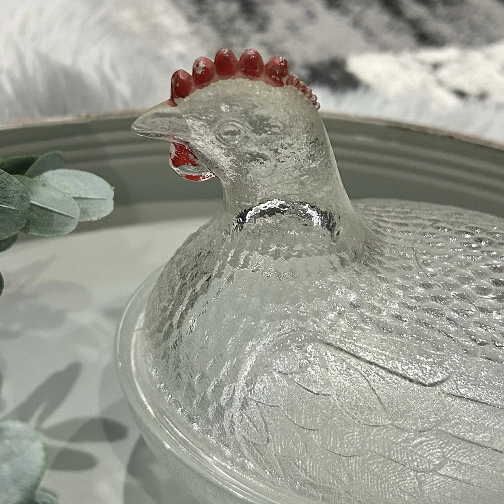 Vintage Clear‎ Hen On A Nest With Red Painted Comb and Wattle - Chicken Decor